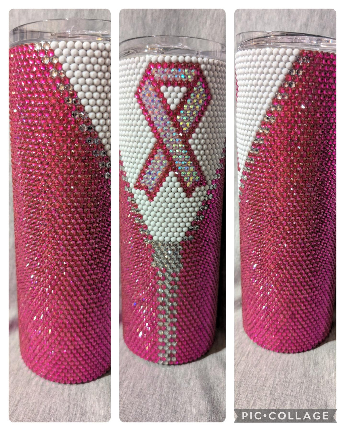 20 oz Cancer Awareness with zipper pattern Rhinestone skinny tumbler