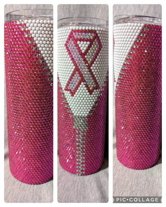 20 oz Cancer Awareness with zipper pattern Rhinestone skinny tumbler